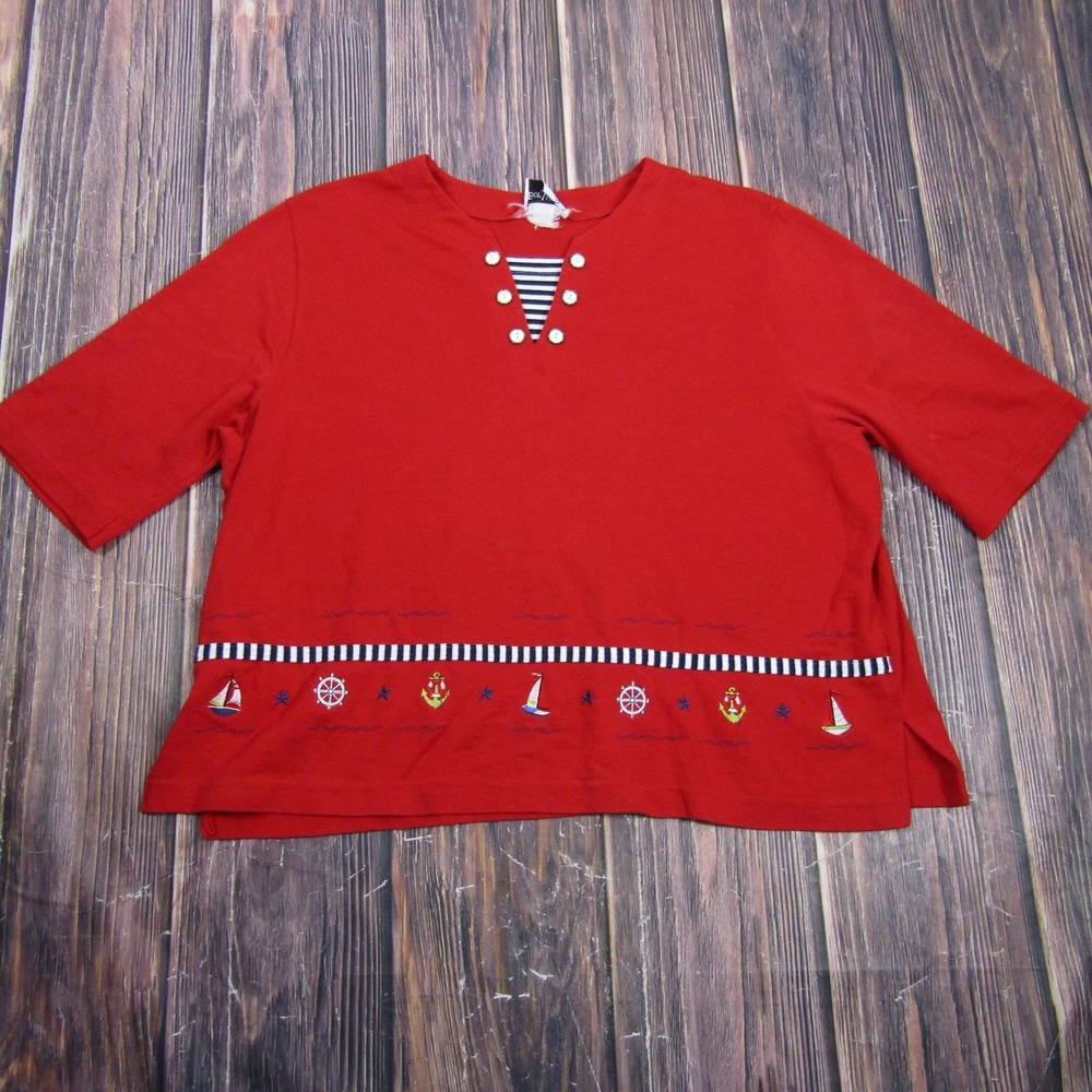 BonWorth Womens Plus 2X Red Nautical Embroidered Button T Shirt Short Sleeve